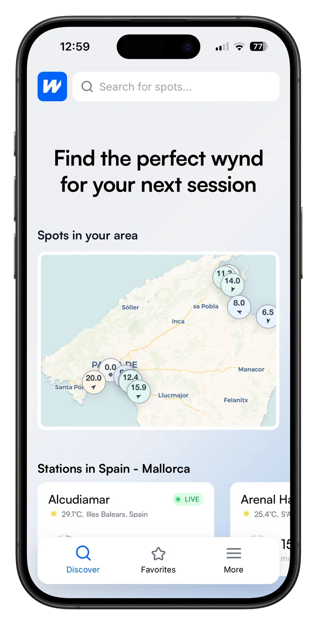 wynd App: Spot-Karte mit Live-Windstationen